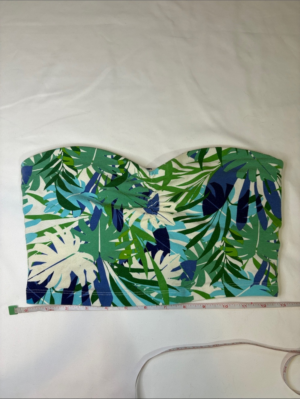 Y2K Express Cinched Bust Bandeau Tube Top Blue Green White Palm Print Cotton M